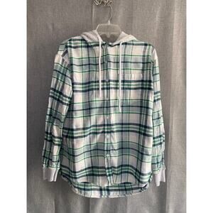 American Eagle Hooded Plaid Flannel Shirt - Green/Blue/White Size Small
